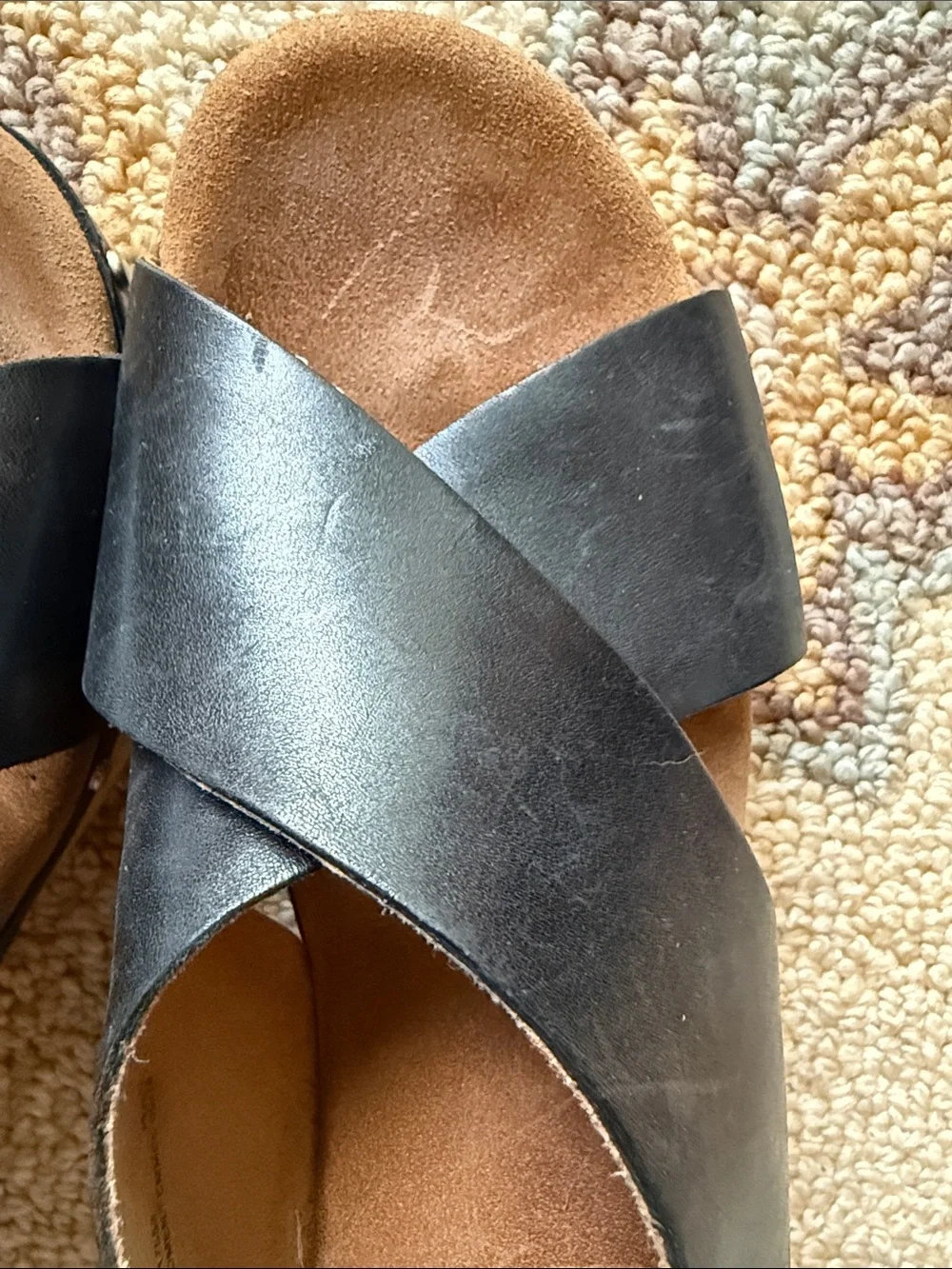 Clarks Black Leather Crossover Sandal with Wood Heel
